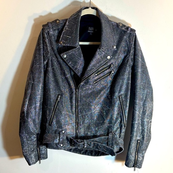 TRIPP NYC Sz M Silver Glitter Metallic Biker Moto Style Jacket Zipper Closure - Picture 2 of 15
